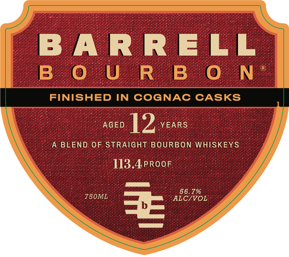 A red and gold shield label for Barrell Craft Spirits&