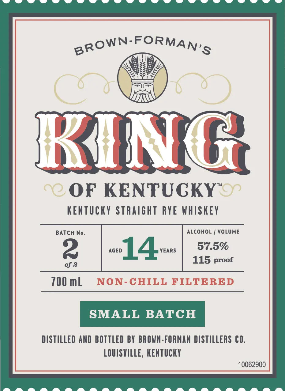 Label for King of Kentucky 14 Year Old Small Batch Rye Whiskey Batch 2, 57.5% ABV, 700mL, non-chill filtered. Crafted by King of Kentucky in Louisville, Kentucky.