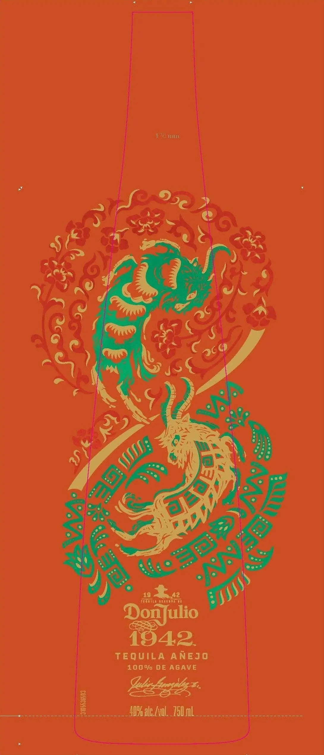 A vibrant orange background features a green, gold, and red dragon illustration celebrating Don Julio 1942 Tequila Anejo Year of the Goat 2027 Limited Edition (Pre-Order) by Don Julio Tequila, with collectible details displayed below.