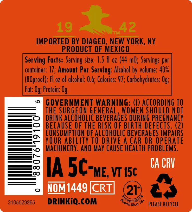 Orange label for Don Julio Privado Reposado Tequila 750mL (Pre-Order) by Don Julio Tequila, with barcode, 100% de agave info, gov alcohol and consumption warnings, serving facts, recycling info, "IMPORTED BY DIAGEO," and "PRODUCT OF MEXICO.