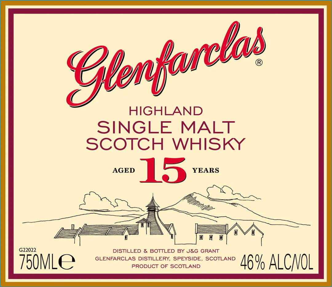 The Glenfarclas 15 Year Old Highland Single Malt Scotch Whisky label highlights the brand’s name in bold red text and displays an illustration of a distillery set among mountains. Aged for 15 years, bottled at 46% ABV in a 750ml size, this classic sherried Scotch showcases the rich tradition and character associated with Glenfarclas Highland Single Malt Scotch Whisky.