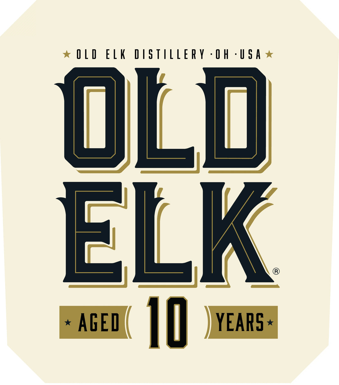 Sure! Here’s your revised sentence using the provided product data: A bold Old Elk Bourbon label displays "OLD ELK" and "AGED 10 YEARS" in gold and black, emphasizing this exceptional Old Elk 10 Year Wheated Bourbon Straight Bourbon Whiskey. The top of the label features "Old Elk Distillery · OH · USA," signifying this smooth, straight bourbon whiskey as a true classic among wheated bourbons.