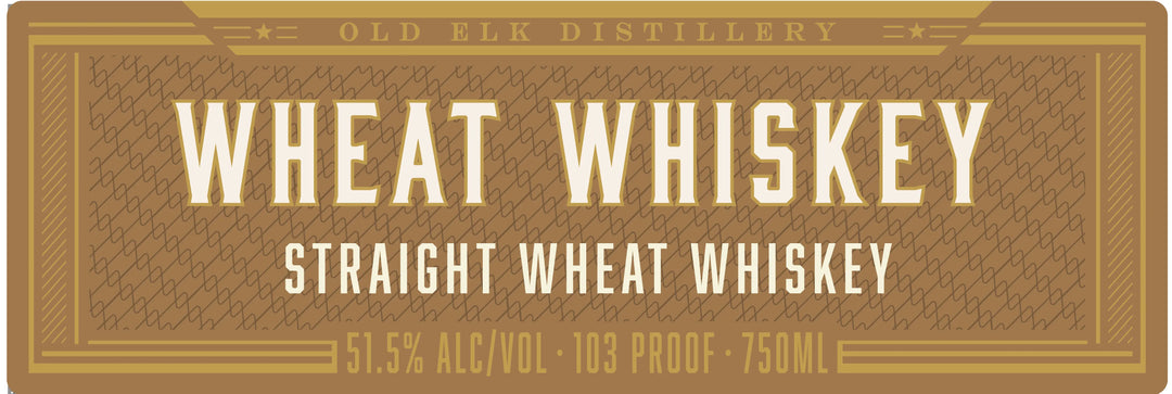 Label for Old Elk Bourbon 10 Year Straight Wheat Whiskey, highlighting its status as a premium straight wheat whiskey with 51.5% alcohol by volume (103 proof) in a 750ml bottle. Showcased on a brown and gold background, this exceptional aged whiskey reflects the quality and character of Old Elk Bourbon.