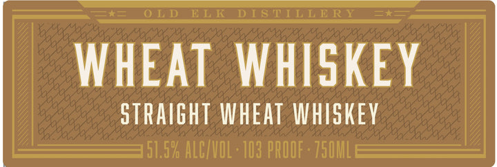 Label for Old Elk Bourbon 10 Year Straight Wheat Whiskey, highlighting its status as a premium straight wheat whiskey with 51.5% alcohol by volume (103 proof) in a 750ml bottle. Showcased on a brown and gold background, this exceptional aged whiskey reflects the quality and character of Old Elk Bourbon.