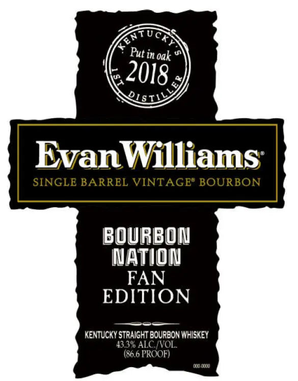 Evan Williams Single Barrel Vintage 2018 Bourbon Nation Fan Edition black label, featuring Kentucky Straight Bourbon put in oak in 2018 and bottled at 43.3% ABV (86.6 proof); a true limited edition release from Evan Williams.