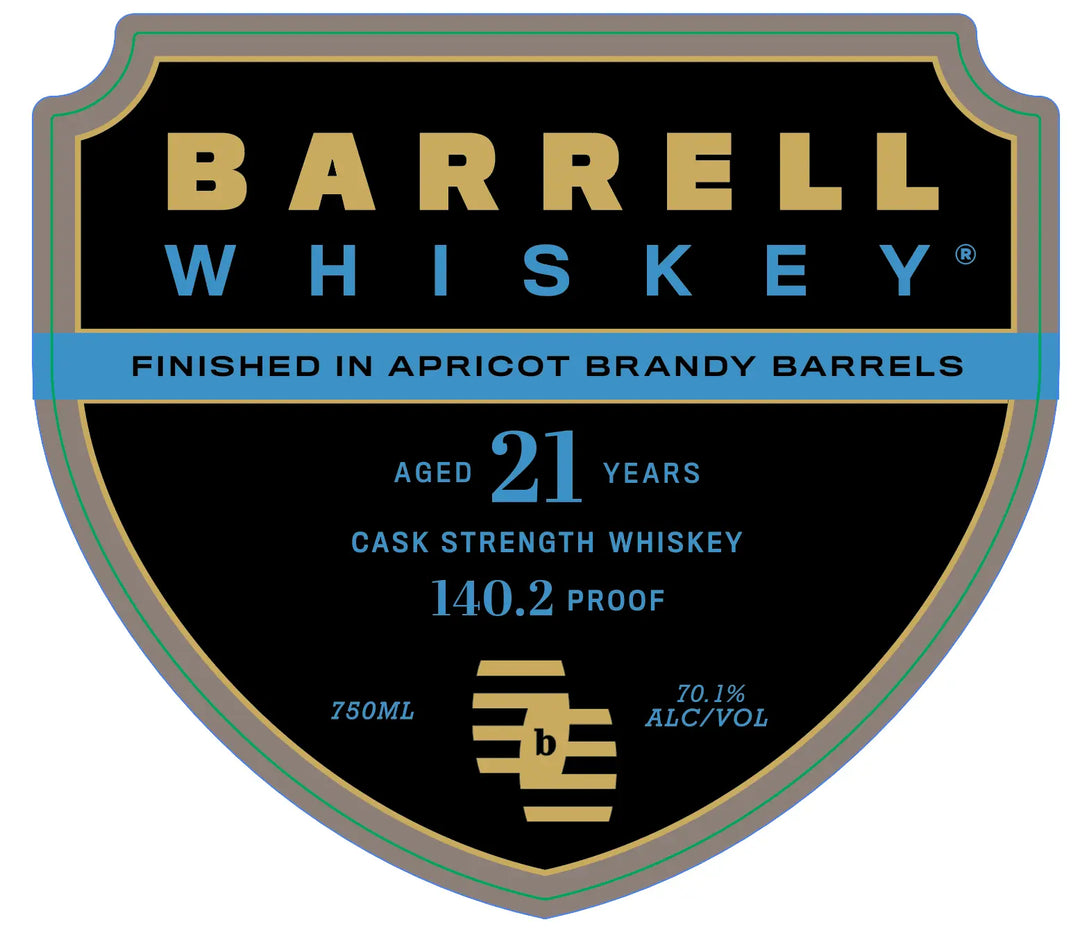 A black and gold Barrell Craft Spirits label reads Barrell 21 Year Old Canadian Whiskey Apricot Brandy Finish—aged 21 years, bottled at cask strength with an intense 140.2 proof (70.1% ALC/VOL) in a 750ml bottle, boasting a remarkable apricot brandy barrel finish.