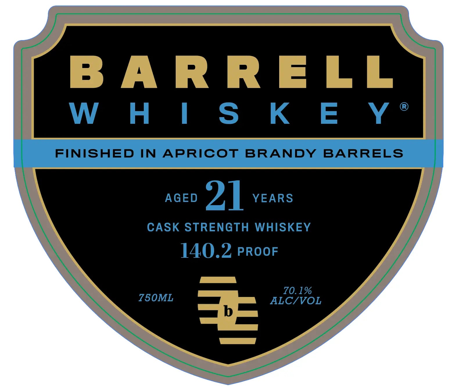 A black and gold Barrell Craft Spirits label reads Barrell 21 Year Old Canadian Whiskey Apricot Brandy Finish—aged 21 years, bottled at cask strength with an intense 140.2 proof (70.1% ALC/VOL) in a 750ml bottle, boasting a remarkable apricot brandy barrel finish.