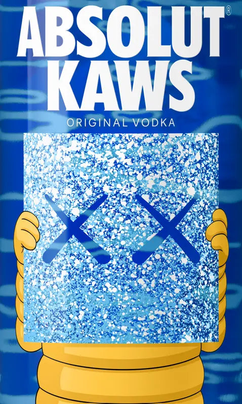 The Absolut Vodka KAWS Original Vodka bottle showcases a blue design with cartoon hands grasping a glittery square that has blue Xs for eyes, reflecting the signature KAWS art style. This limited edition artist collaboration captures playful energy and makes an eye-catching collectible for vodka enthusiasts.