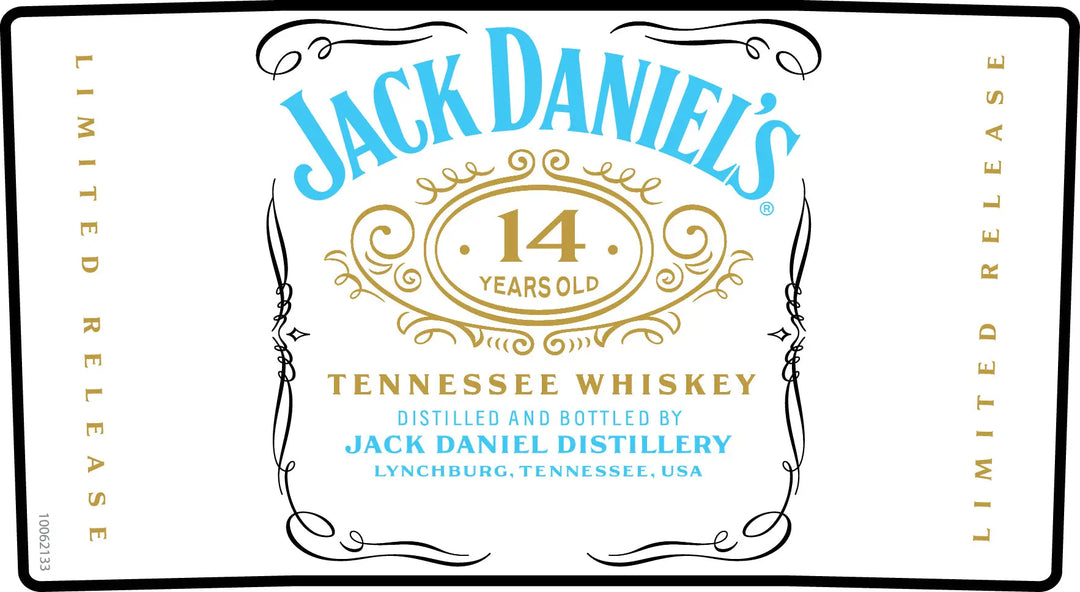 The label of Jack Daniel’s 14 Year Old Batch Proof Tennessee Whiskey Batch 03 700mL features elegant gold and blue lettering with decorative gold accents, proudly highlighting its limited release status. The words “LIMITED RELEASE” appear vertically on both sides, underscoring the exclusivity of this batch proof whiskey from Jack Daniel&