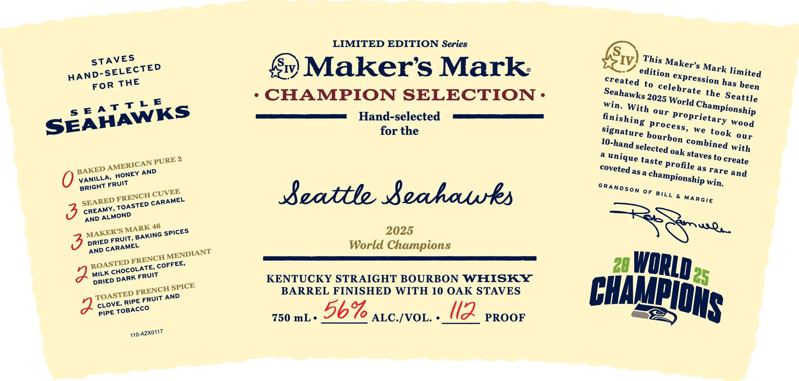 Introducing the Maker’s Mark Champion Selection Seattle Seahawks 2025 Bourbon—a limited edition release from Maker’s Mark celebrating the Seattle Seahawks as 2025 World Champions. This commemorative whiskey showcases unique bourbon details, the official Seahawks logo, and celebratory text, all presented in vibrant blue, gold, and red accents.