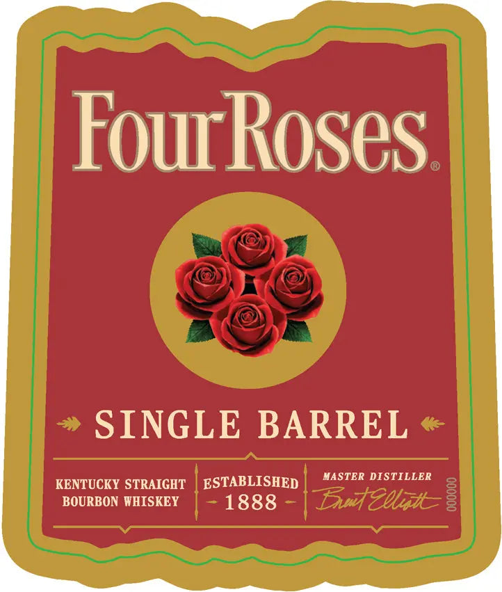 Featuring a red Four Roses label with a gold border and four red roses at the center, the Four Roses OBSQ Single Barrel Bourbon Whiskey 750mL showcases "Four Roses Single Barrel," "Kentucky Straight Bourbon Whiskey," "Established 1888," and Master Distiller Brent Elliott on its packaging. This distinguished bourbon exemplifies the rich heritage and craftsmanship of Four Roses.