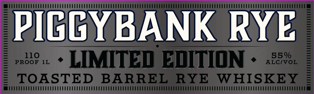 The label for WhistlePig PiggyBank Rye 10 Year Limited Edition Toasted Barrel Rye Whiskey 1L reads: WhistlePig PiggyBank Rye 10 Year Limited Edition Toasted Barrel Rye Whiskey. 110 Proof. 1L. 55% Alc/Vol. Black and white text on a metallic background.