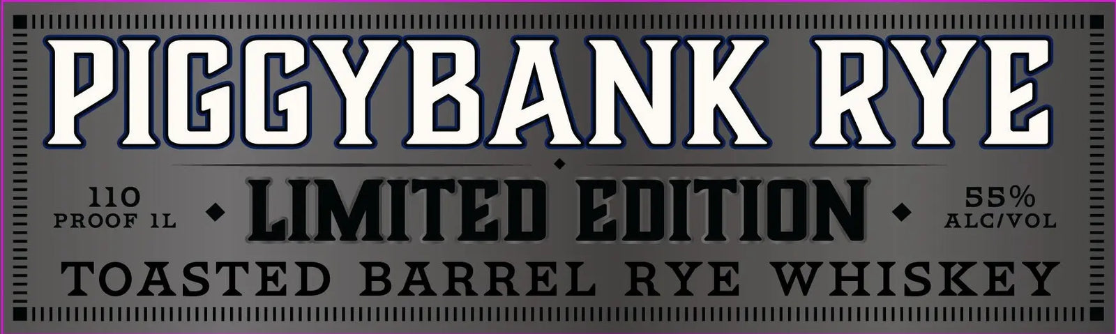 The label for WhistlePig PiggyBank Rye 10 Year Limited Edition Toasted Barrel Rye Whiskey 1L reads: WhistlePig PiggyBank Rye 10 Year Limited Edition Toasted Barrel Rye Whiskey. 110 Proof. 1L. 55% Alc/Vol. Black and white text on a metallic background.