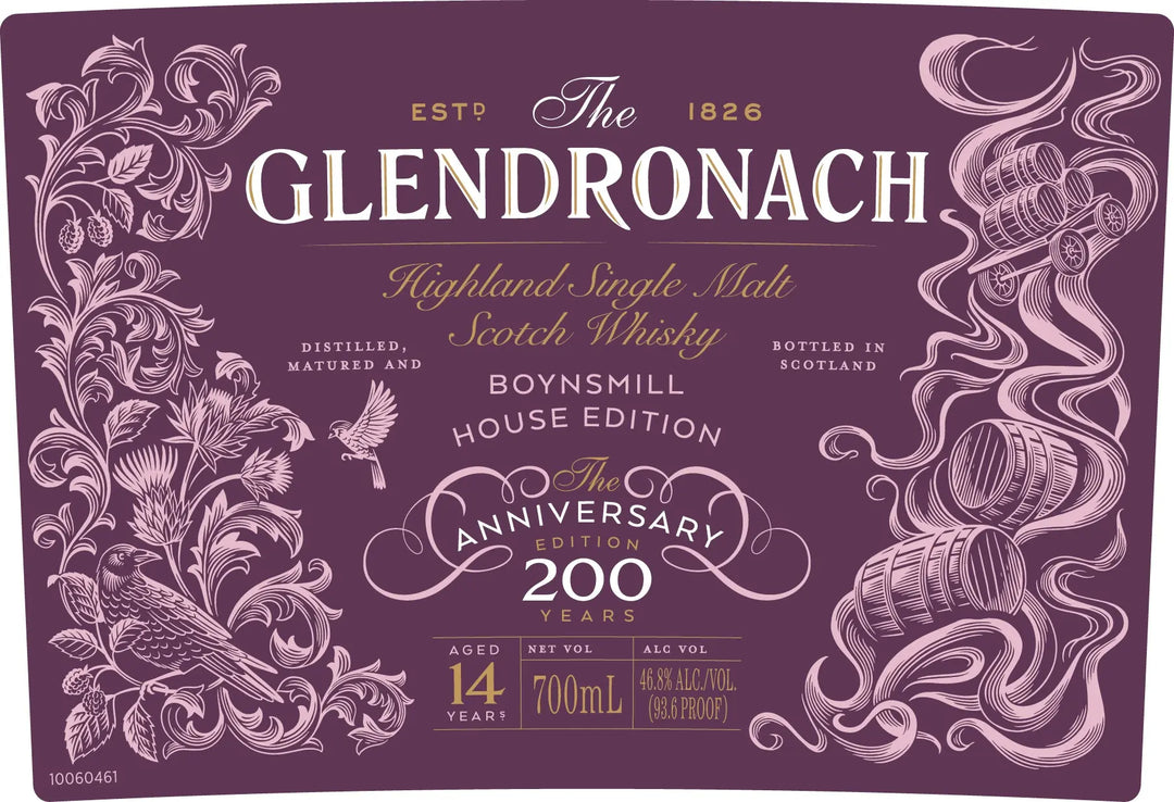 A commemorative label for The Glendronach Boynsmill House Edition 14 Year Highland Single Malt Scotch Whisky features ornate artwork, celebrates the 200th anniversary, and highlights Sherry cask aging and 46.9% ABV.