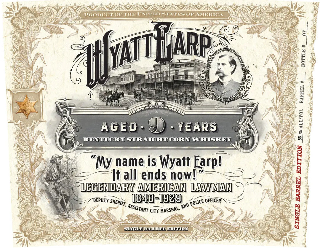 A vintage-style label for Doc Holliday’s Wyatt Earp Aged 9 Years Kentucky Straight Corn Whiskey Single Barrel Edition, featuring an old saloon, sheriff’s badge, and a tribute to Earp’s legendary lawman legacy.