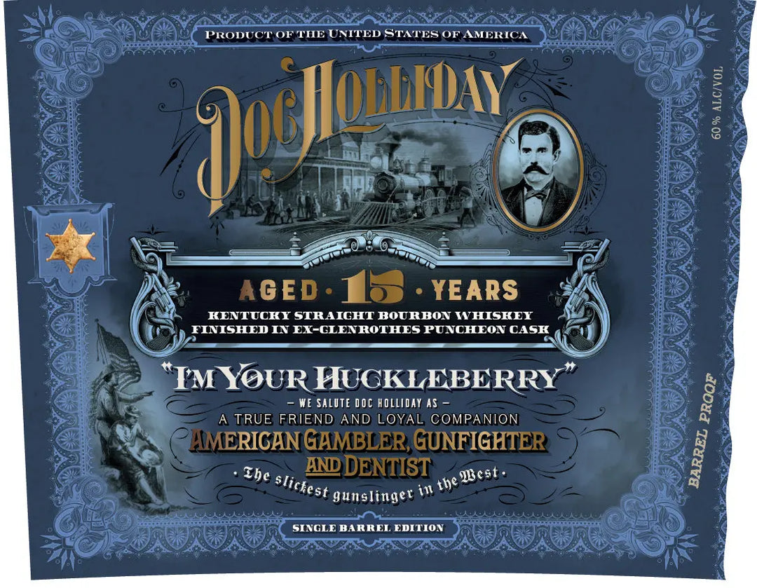 A vintage-style label for Doc Holliday Aged 15 Years Kentucky Straight Bourbon Whiskey, finished in ex-Glenrothes puncheon cask, features western motifs, a photo of Doc Holliday, a gold sheriff badge, and decorative text honoring his legacy.