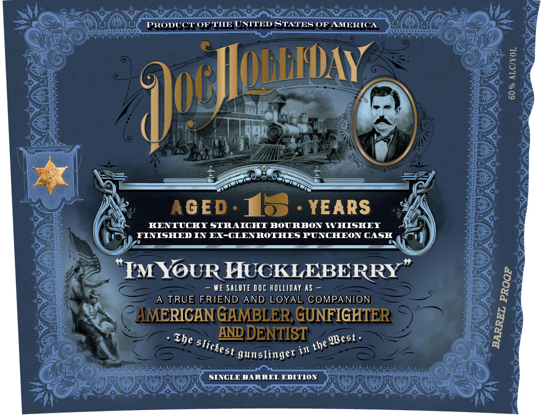 A vintage-style label for Doc Holliday Aged 15 Years Kentucky Straight Bourbon Whiskey, finished in ex-Glenrothes puncheon cask, features western motifs, a photo of Doc Holliday, a gold sheriff badge, and decorative text honoring his legacy.