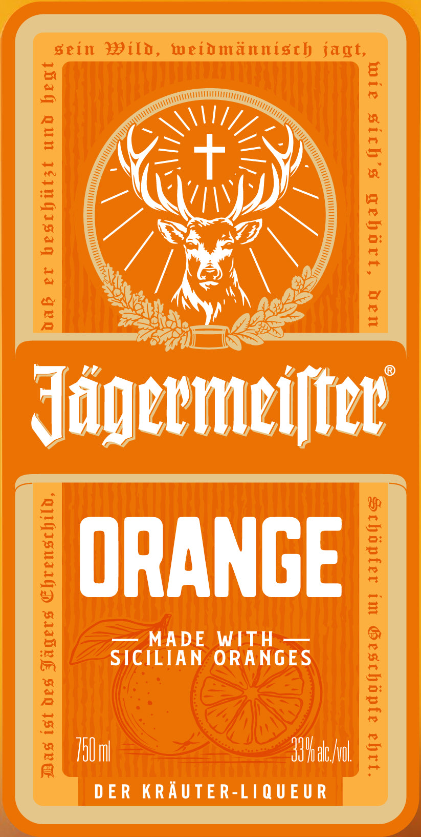 Jägermeister Orange Herbal Liqueur Made with Sicilian Oranges features a stag with a glowing cross, bold white Jagermeister text, and "Orange Made with Sicilian Oranges" on an orange background.