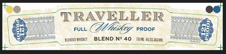 A vintage-style label for The Traveller Whiskey’s "Traveller Full Proof Whiskey 121 Proof By Chris Stapleton (PRE-ORDER)," with BLEND NO 40, 750 ML, 50.5% ALC/VOL, decorative blue designs, color reference dots, inspired by Stapleton and Buffalo Trace.
