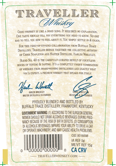 Label for Traveller Full Proof Whiskey 121 Proof By Chris Stapleton (PRE-ORDER) by The Traveller Whiskey. Includes whiskey description, master distiller's signature, government warnings, bottle info, website. Cream background with blue and gold text.