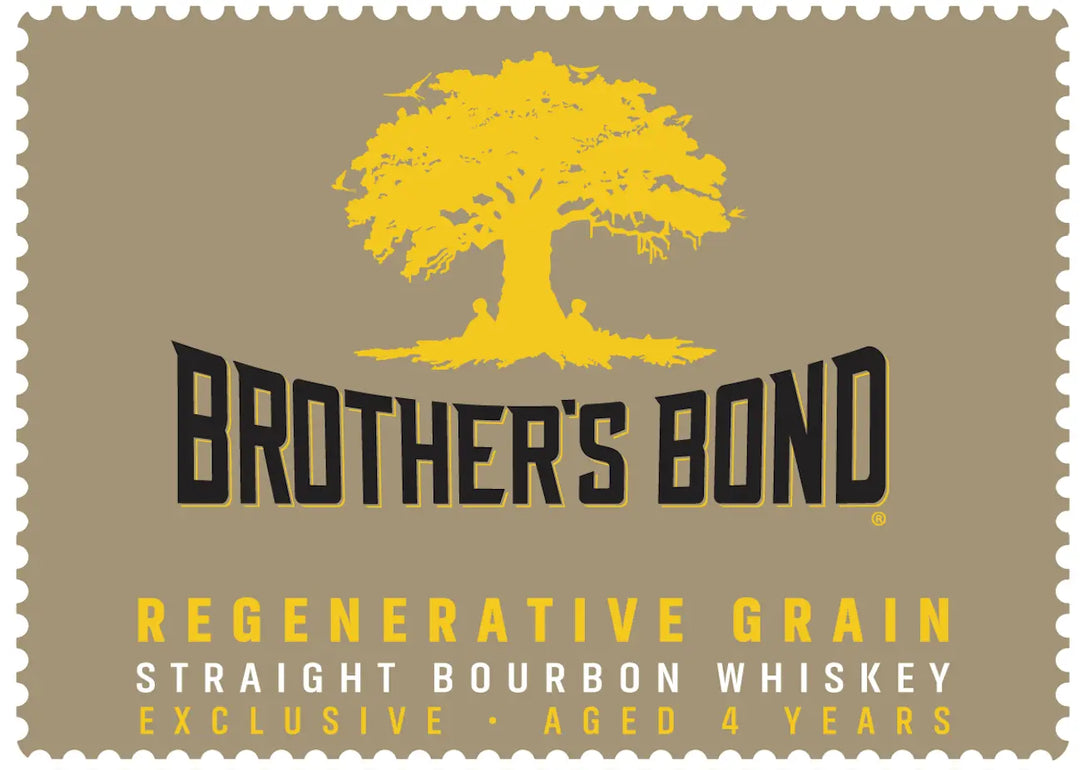 A tan label shows a large yellow tree above bold black text: Brother’s Bond Bourbon. Below, yellow and white text reads: Regenerative Grain Straight Bourbon Whiskey Single Barrel Exclusive Aged 4 Years.