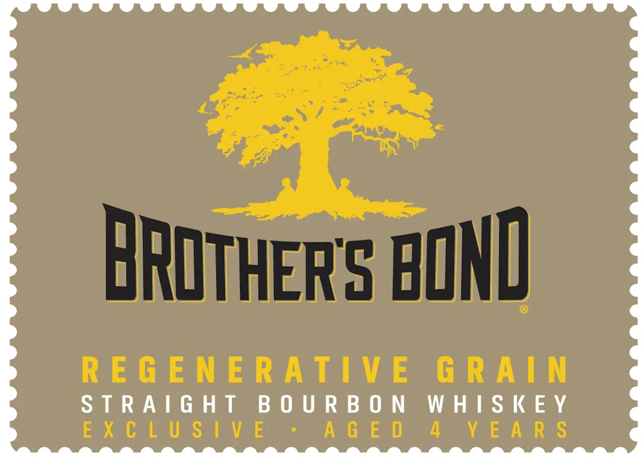 A tan label shows a large yellow tree above bold black text: Brother’s Bond Bourbon. Below, yellow and white text reads: Regenerative Grain Straight Bourbon Whiskey Single Barrel Exclusive Aged 4 Years.