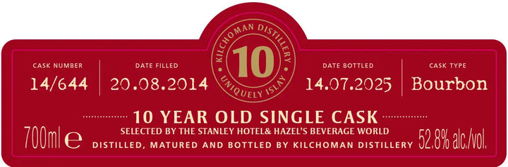 Kilchoman 10 Year Old 100% Islay Bourbon Single Cask Scotch Whisky, cask #14/644, bottled at cask strength (52.8% ABV), 700mL. Selected by Stanley Hotel & Hazel’s Beverage World.