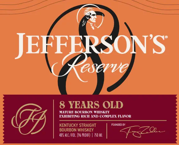 Jefferson’s Reserve 8 Year Kentucky Straight Bourbon Whiskey 750mL, 96 Proof, features a bold orange label with a stylized portrait, white text, burgundy “8 years old” banner, and the founder’s signature.