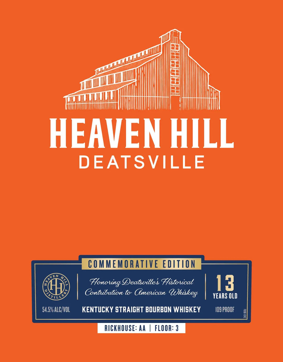 An orange label with a white illustration of Heaven Hill Distillery&
