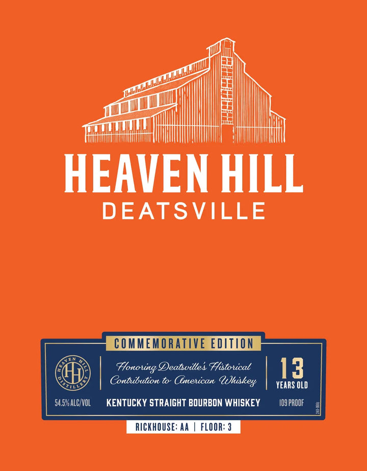 An orange label with a white illustration of Heaven Hill Distillery&