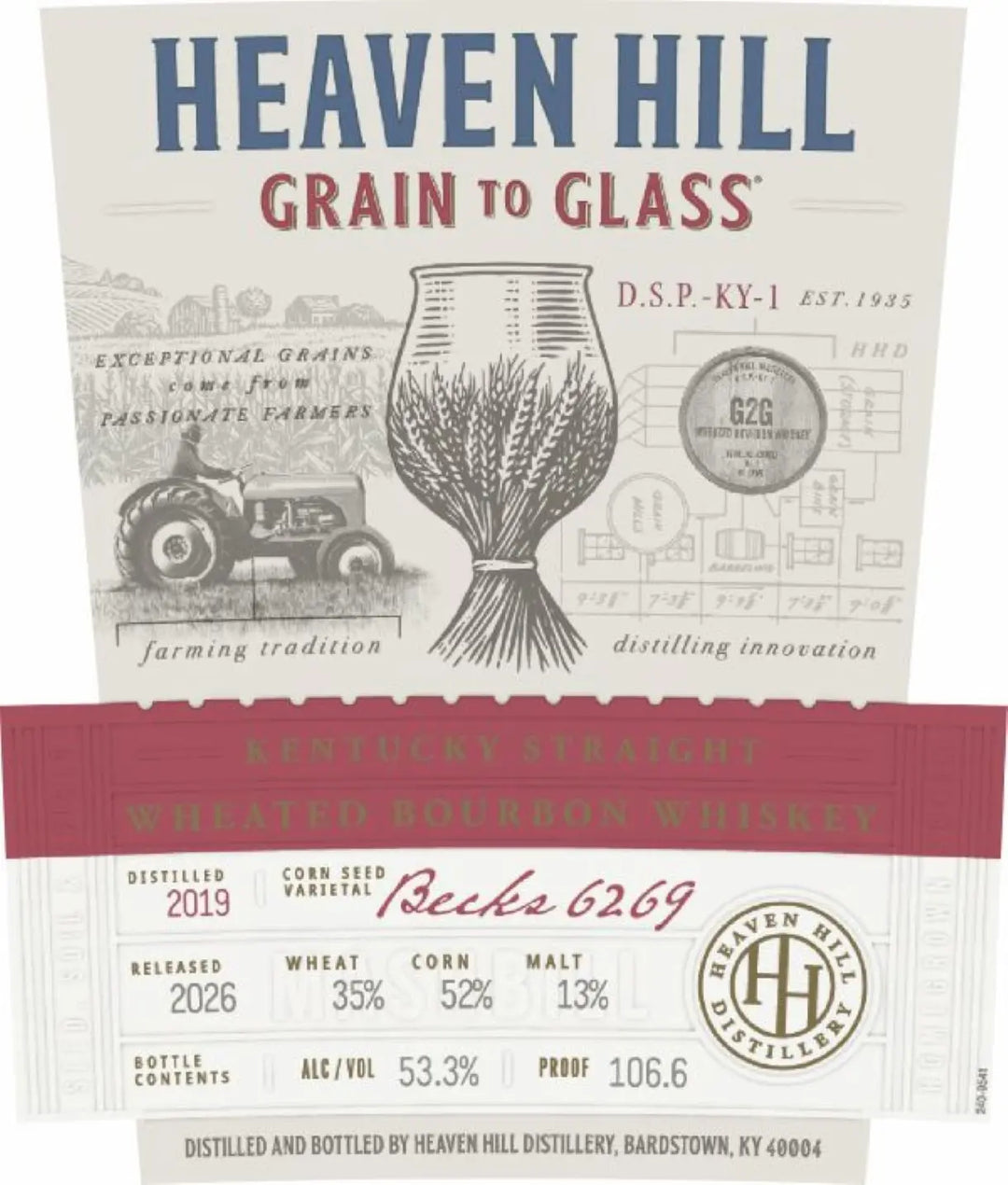 Label for Heaven Hill Grain to Glass 2026 Release Kentucky Straight Wheated Bourbon Whiskey by Heaven Hill Distillery, featuring a wheat glass, tractor illustration, distillery info, and a red-beige design with year, batch, and proof details.