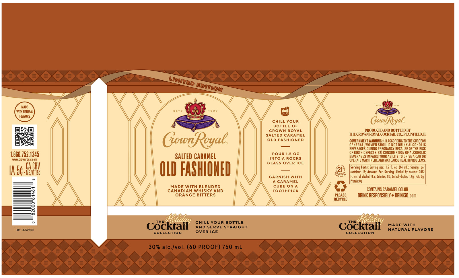 The Crown Royal Salted Caramel Old Fashioned Limited Edition label features a brown and cream design with gold accents, containing cocktail instructions and product details on a geometric background.