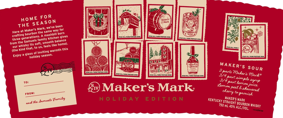 The Maker’s Mark Holiday Edition Kentucky Straight Bourbon Whiskey features a festive label with vintage red and cream illustrations of bourbon barrels, cocktails, a distillery, holiday decorations, and a Maker’s Sour recipe.