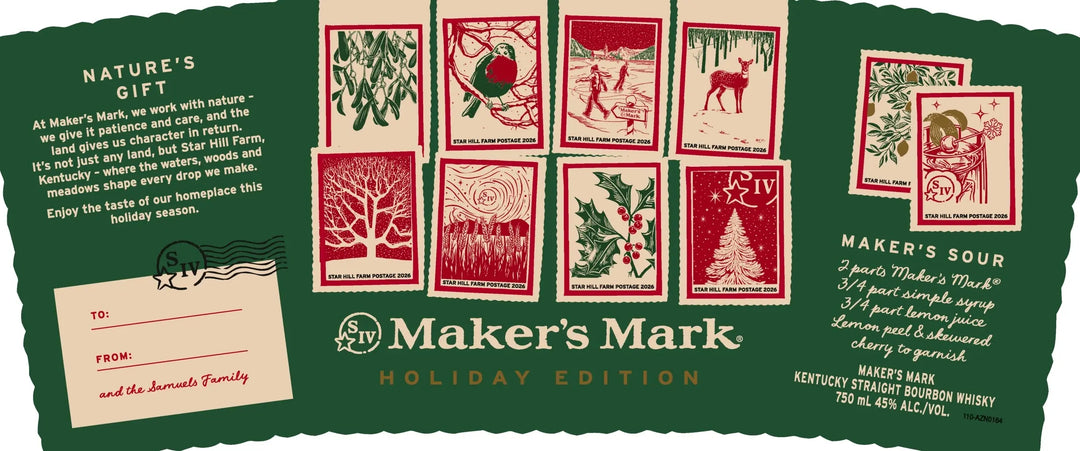 The Maker’s Mark Holiday Edition Kentucky Straight Bourbon Whiskey features nine festive red-and-white winter illustrations, nature and whiskey text, a Maker’s Sour recipe, green and gold accents, and the signature brand label below.