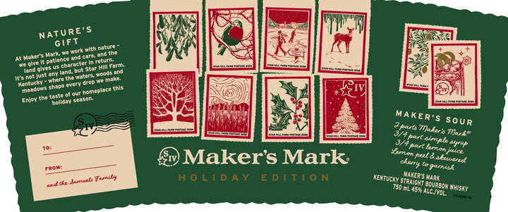 The Maker’s Mark Holiday Edition Kentucky Straight Bourbon Whiskey features nine festive red-and-white winter illustrations, nature and whiskey text, a Maker’s Sour recipe, green and gold accents, and the signature brand label below.