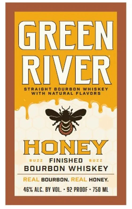 Label for Green River Honey Finished Bourbon 92 Proof Kentucky Straight Bourbon with Real Honey by Green River, featuring a honeycomb background, bee illustration, and text: “Honey Finished,” 46% ABV, 92 proof, 750 ml.