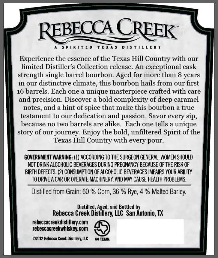 Rebecca Creek Distiller’s Collection Bourbon Whiskey Single Barrel Cask Strength - Main Street Liquor