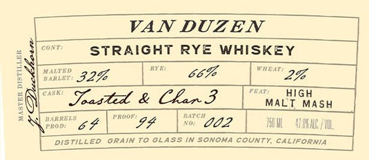 Redwood Empire Van Duzen Straight Rye Batch 2 - Main Street Liquor