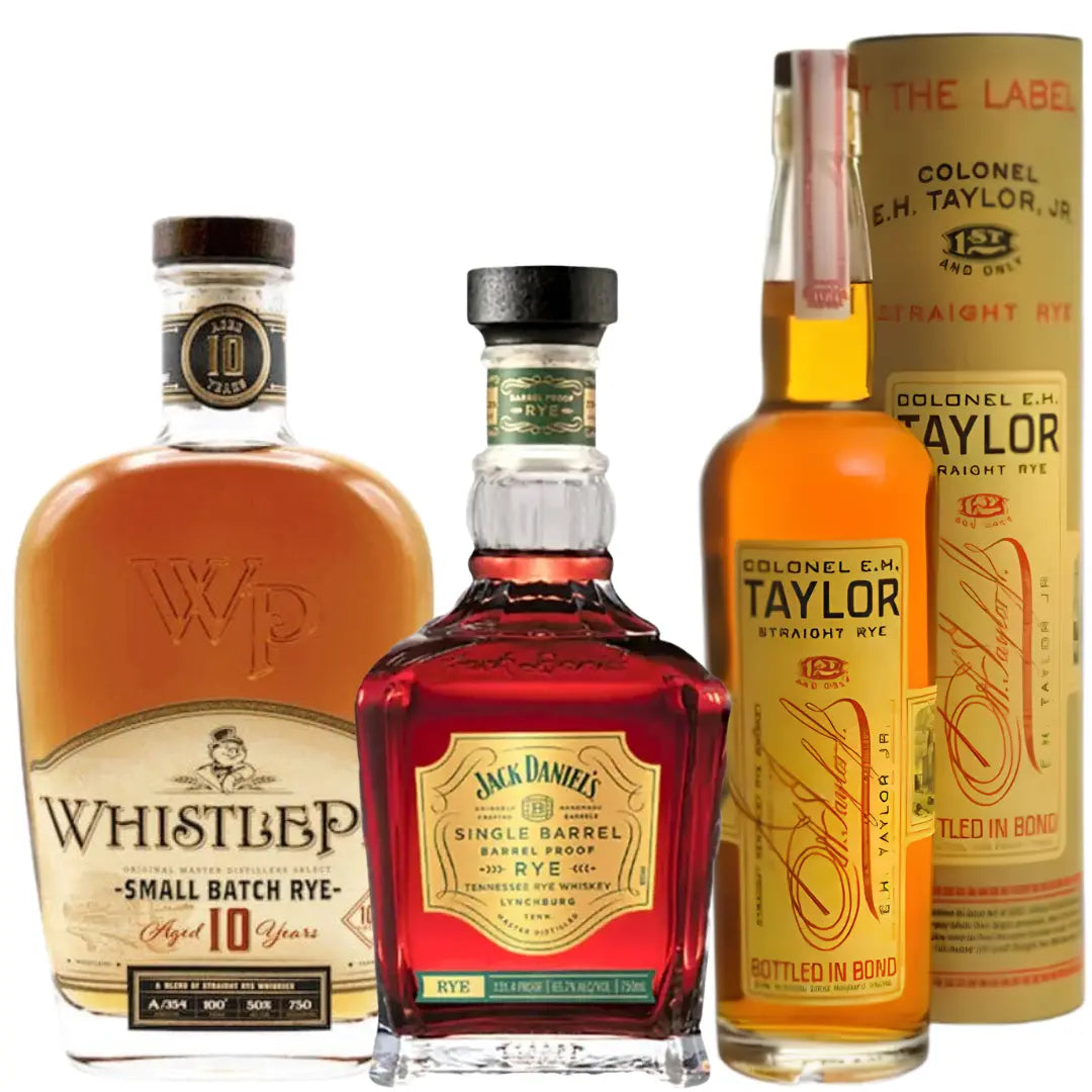 Rye Whiskey Collector Premium Pack: Jack Daniel’s Barrel Proof, Whistlepig 10 Year Rye, Colonel E.H. Taylor, Jr. Straight Rye - Main Street Liquor