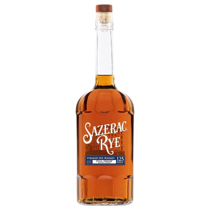 A 750mL clear glass bottle of Sazerac Rye Full Proof Straight Rye Whiskey (125 Proof) features amber liquid, a cork top, and white label text reading "Sazerac Rye, Straight Rye Whiskey, Full Proof, 125 Proof." Brand: Sazerac.