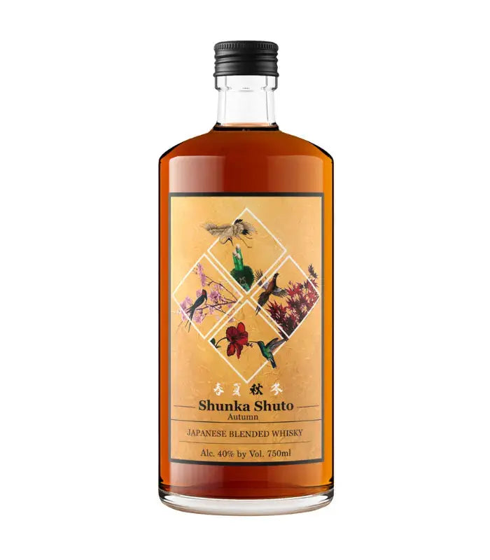 Shunka Shuto Autumn Japanese Whisky 750mL bottle featuring floral design and amber hue.
