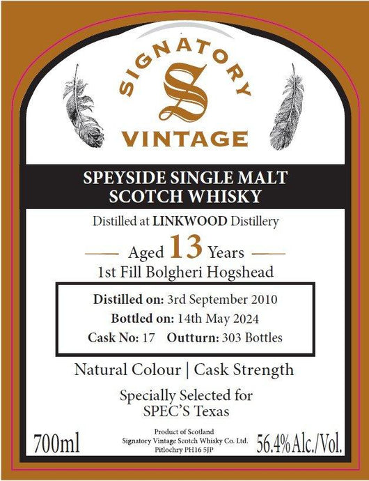 Signatory Vintage Linkwood 13 Year Old Speyside Single Malt Scotch Whisky 1st Fill Bolgheri Hogshead, Cask Strength - Main Street Liquor