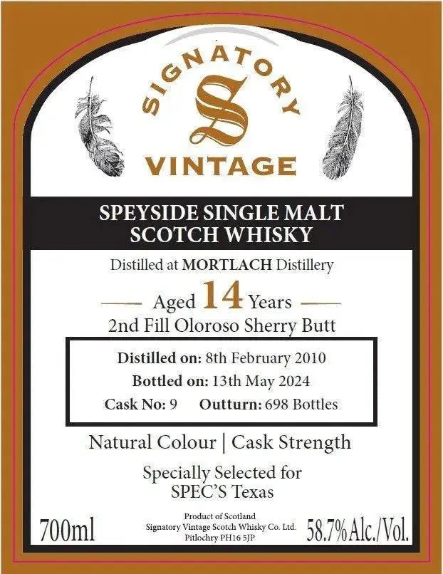 Signatory Vintage Mortlach 14 Year Old Speyside Single Malt Scotch Whisky 2nd Fill Oloroso Sherry Butt, Cask Strength - Main Street Liquor