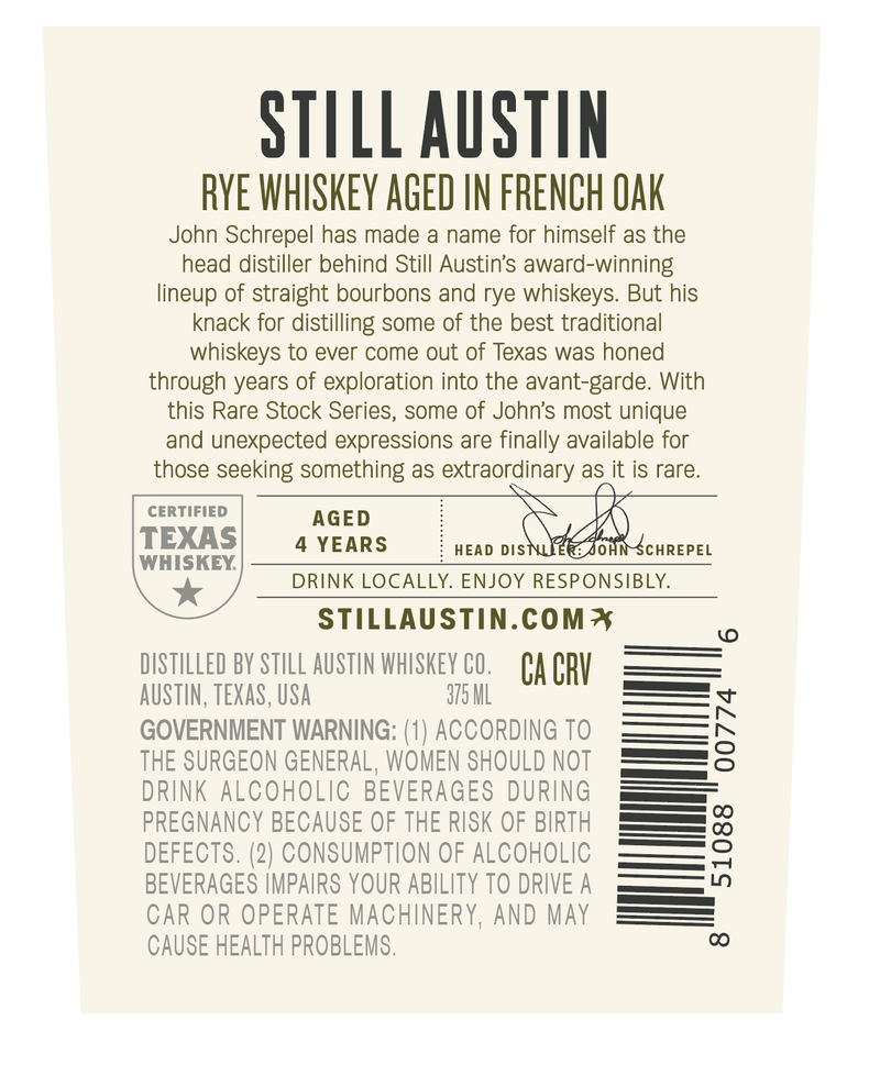 Load image into Gallery viewer, Still Austin Rare Stock Rye Whiskey Aged 4 Years in French Oak 375ml - Main Street Liquor
