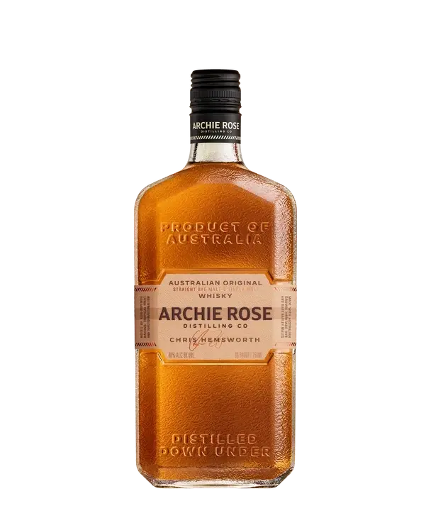 A rectangular glass bottle of Archie Rose Australian Original Whisky with a black screw cap and a central tan paper label.