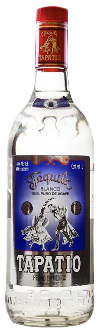 A clear glass bottle of Tapatio Blanco Tequila with a red cap and blue label featuring dancers, showcasing text that highlights it as a traditional tequila crafted from 100% Blue Weber Agave and made in Mexico.