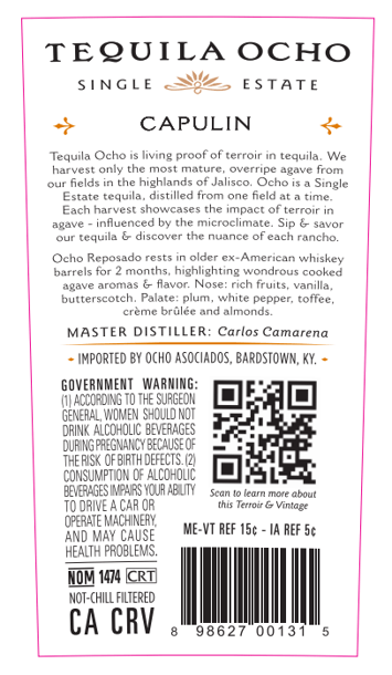 Tequila Ocho Reposado Single Estate Capulin - Main Street Liquor