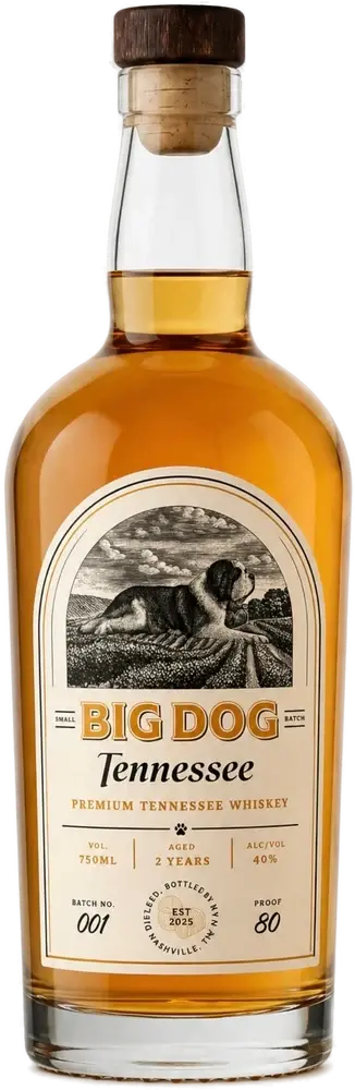 A bottle of Big Dog Premium Tennessee Whiskey from The Nashville Distillery, featuring a label with a black and white illustration of a large dog in a field. This classic American whiskey is 40% alcohol by volume, aged for 4 years, and has an 80 proof rating.