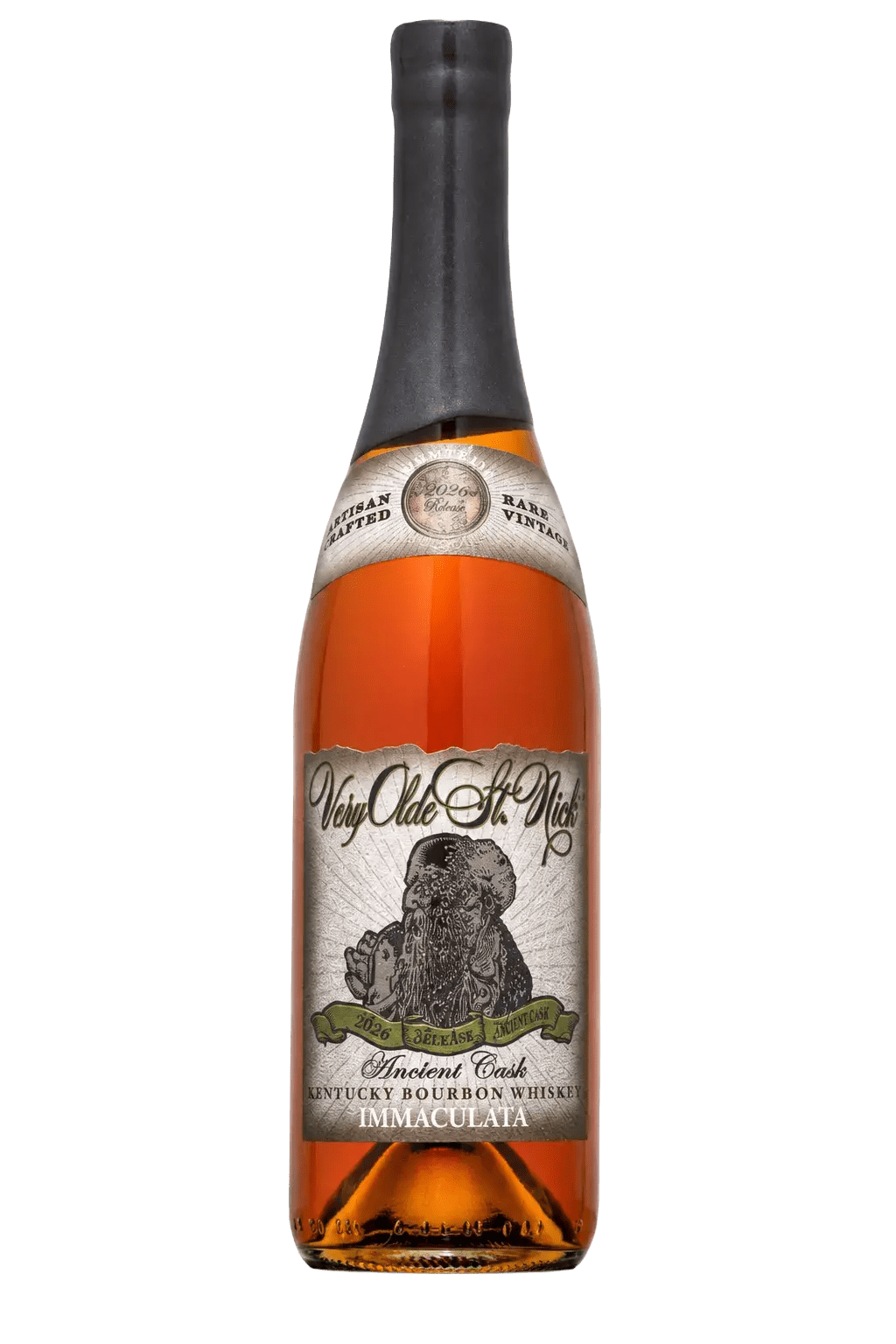 A bottle of Olde St. Nick Ancient Cask Immaculata Bourbon 2026 Release (PRE-ORDER) featuring a vintage label with an old man illustration and handwritten-style text.