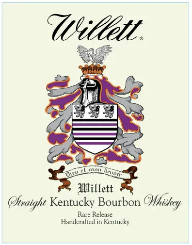 Label for Willett Family Estate Small Batch Bourbon 4 Year Cask Strength 750ml by Willett Distillery, a Kentucky bourbon. Features a family crest with bird, shield, and banner 'Vires et mon devoir'. Text: Rare Release, Handcrafted in Kentucky.